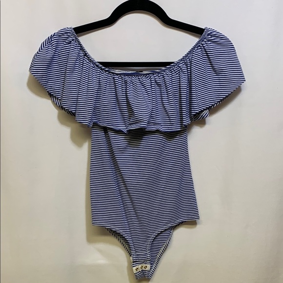 J. Crew Tops - J. Crew Blue and White Striped Ruffle Bodysuit